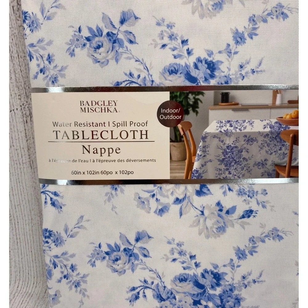 Badgley Mischka Tablecloth 60x102 Blue White Floral Toile Spill Proof Oblong